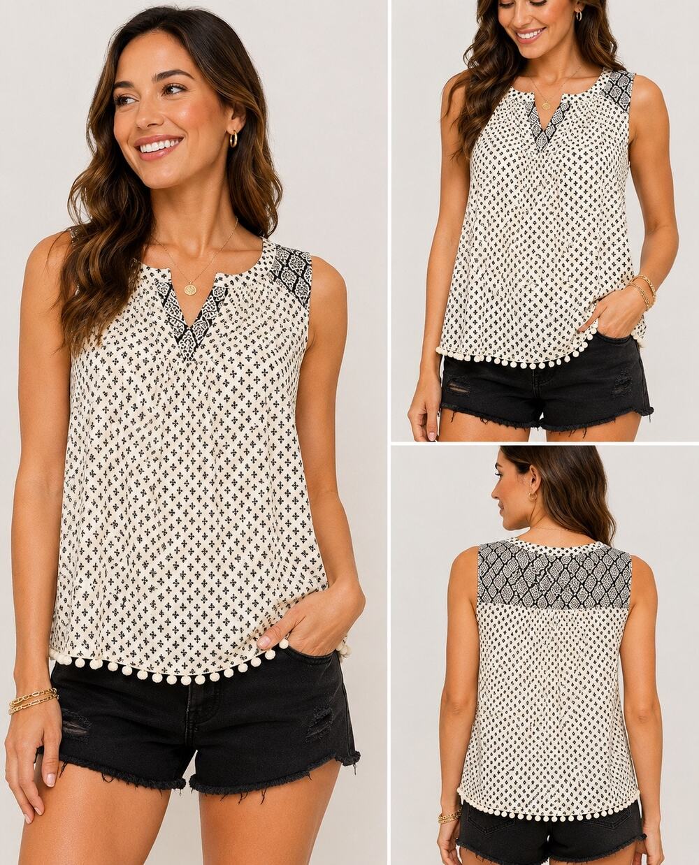 Skies are Blue XS Sleeveless Boho Top Pom Pom Hem